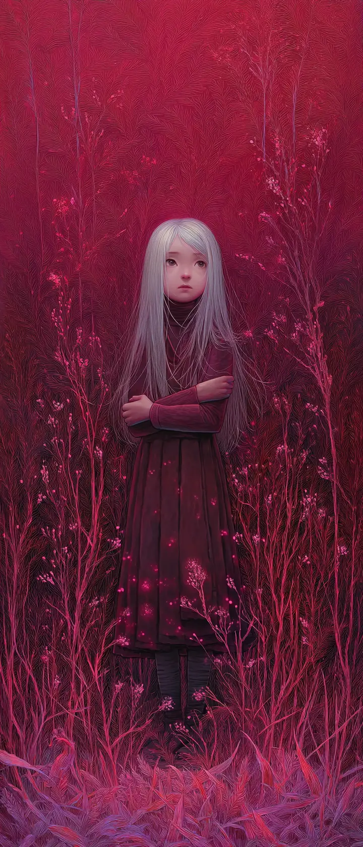 Silver haired girl standing in heather field at twilight