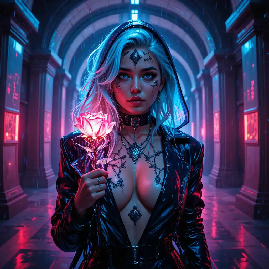 Cyberpunk woman in neon subway temple portrait