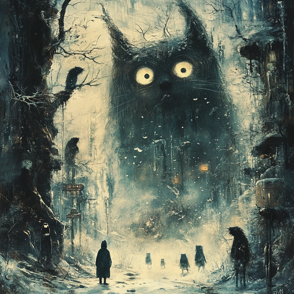 Dadaist fantasy creatures in a smoky winter valley collage