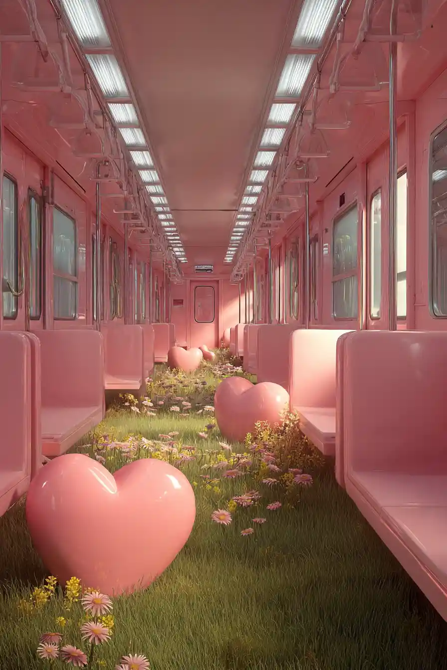 Pink subway interior filled with grass hearts and wildflowers