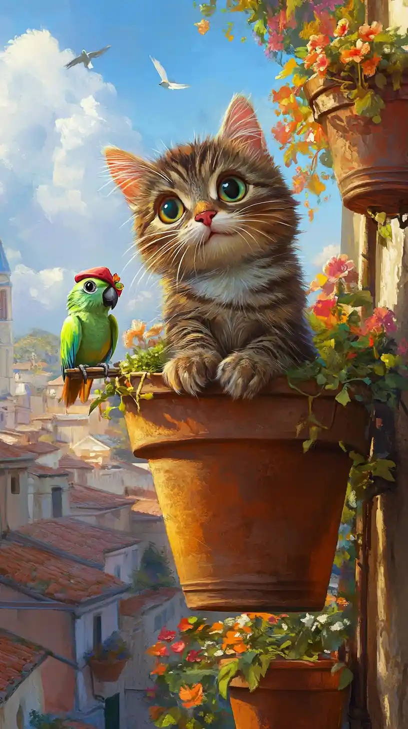 Playful cat and parrot on a sunny balcony