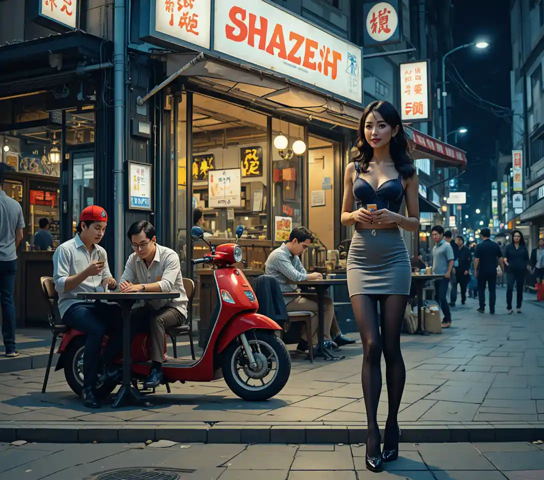 Young woman on city street at night in black mask