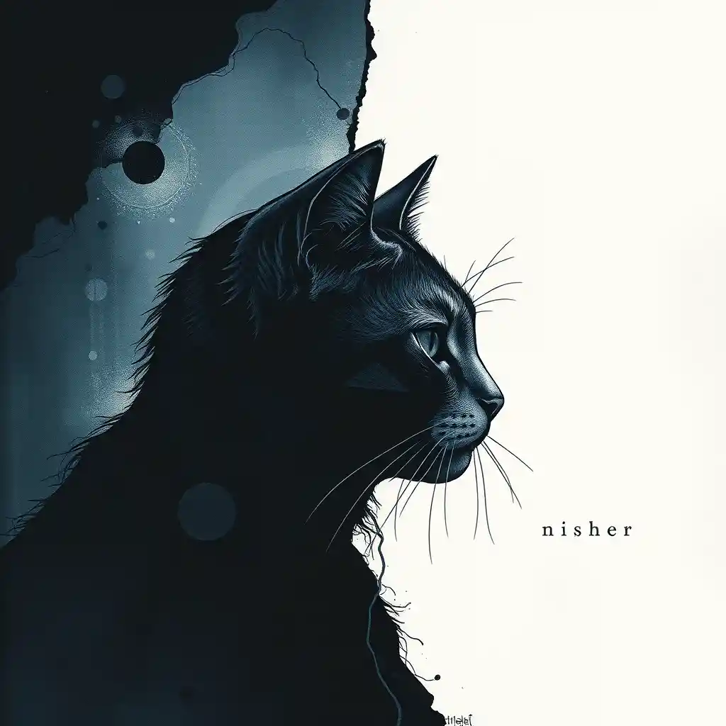 Abstract underwater cat illustration in stormy blue stillness