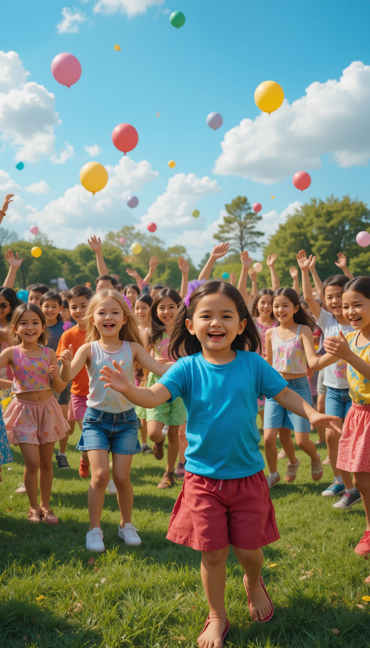 Happy children dancing together in a sunny city park