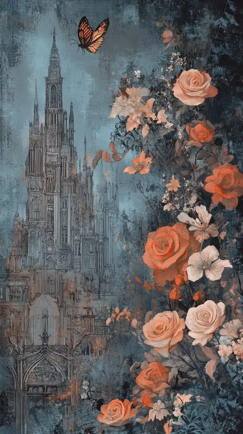 Gothic fantasy city beside cascading muted roses