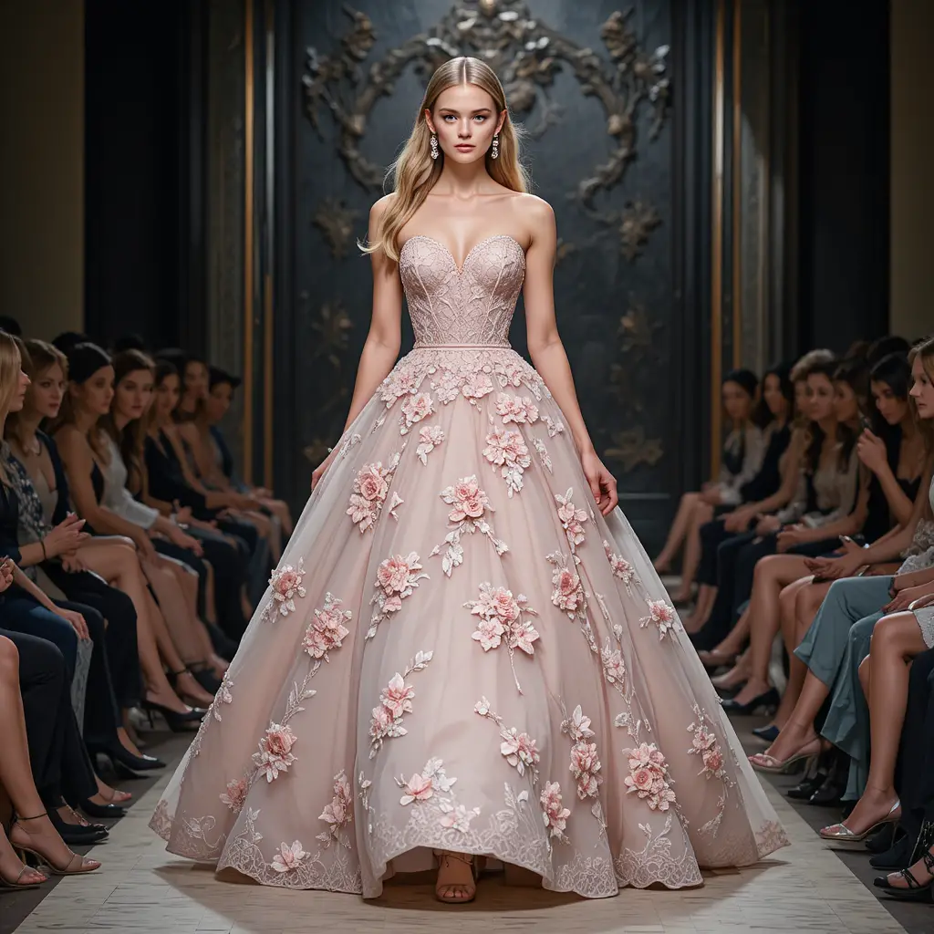 Model in blush pink ball gown on couture runway