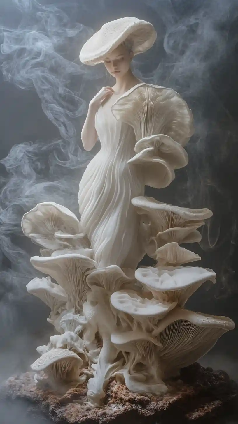 Surreal woman fused with pleated mushroom forms and bonsai