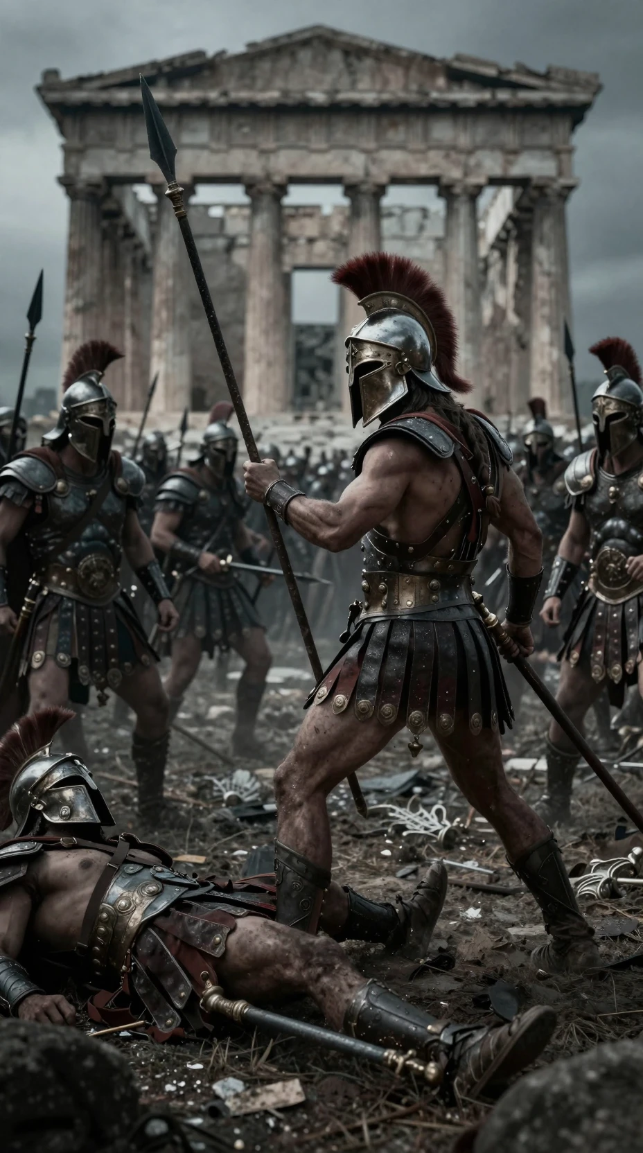 Spartan warrior battling Persian soldiers in ancient Athens