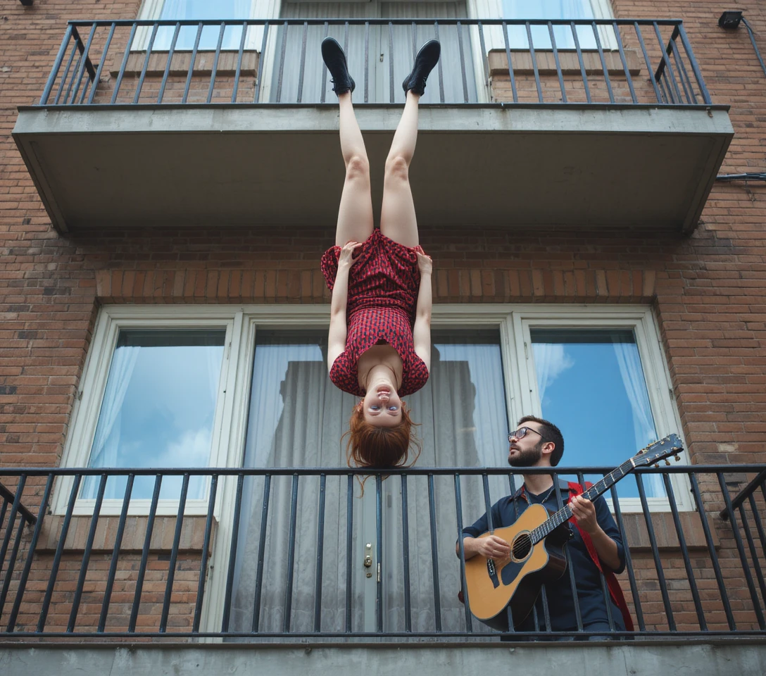 Woman doing a balcony handstand above guitarist on street