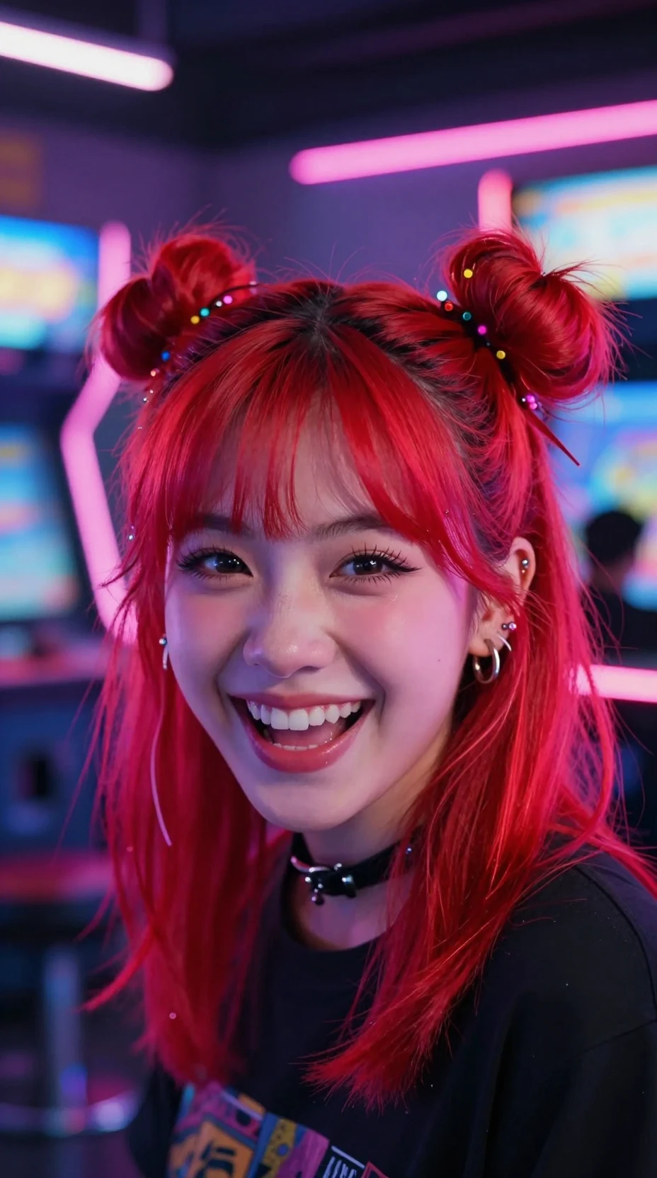 Laughing neon haired girl in a colorful arcade close up