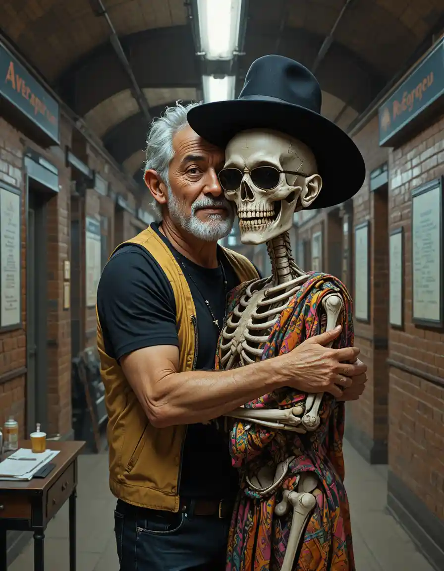 Middle aged man embracing a skeleton in a station corridor