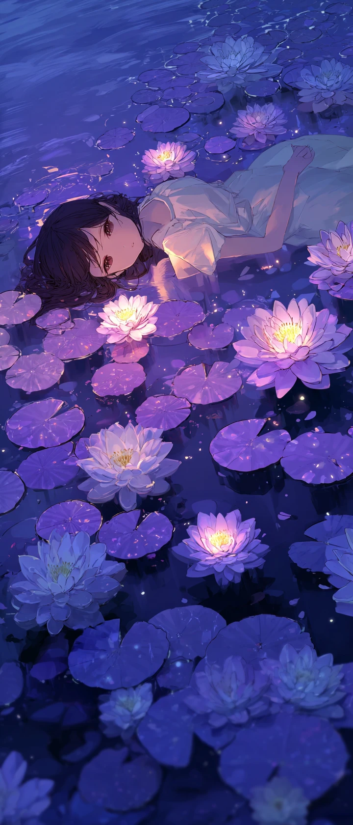 Anime girl floating above a twilight lake with lilies