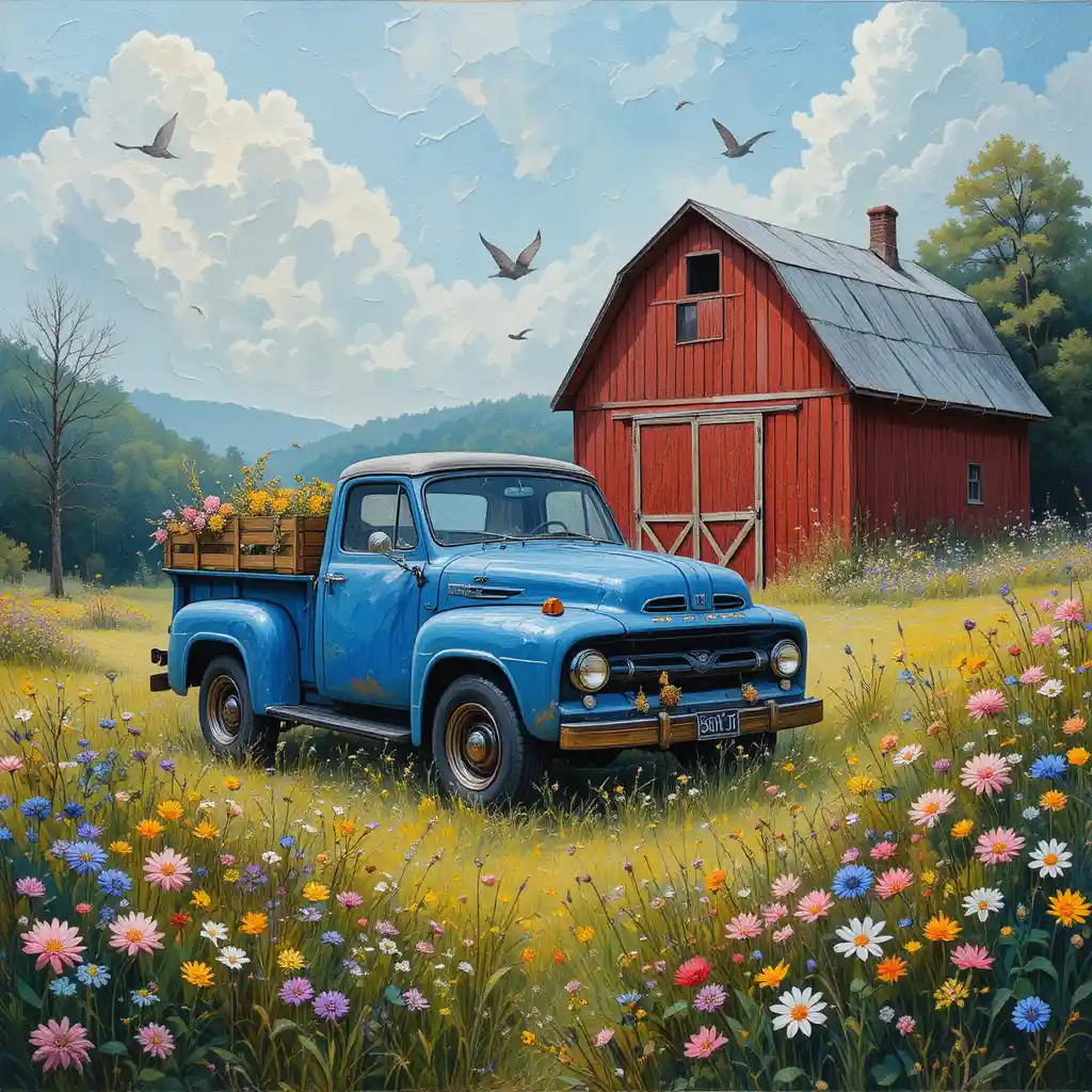 Blue truck by a red barn in a whimsical spring meadow