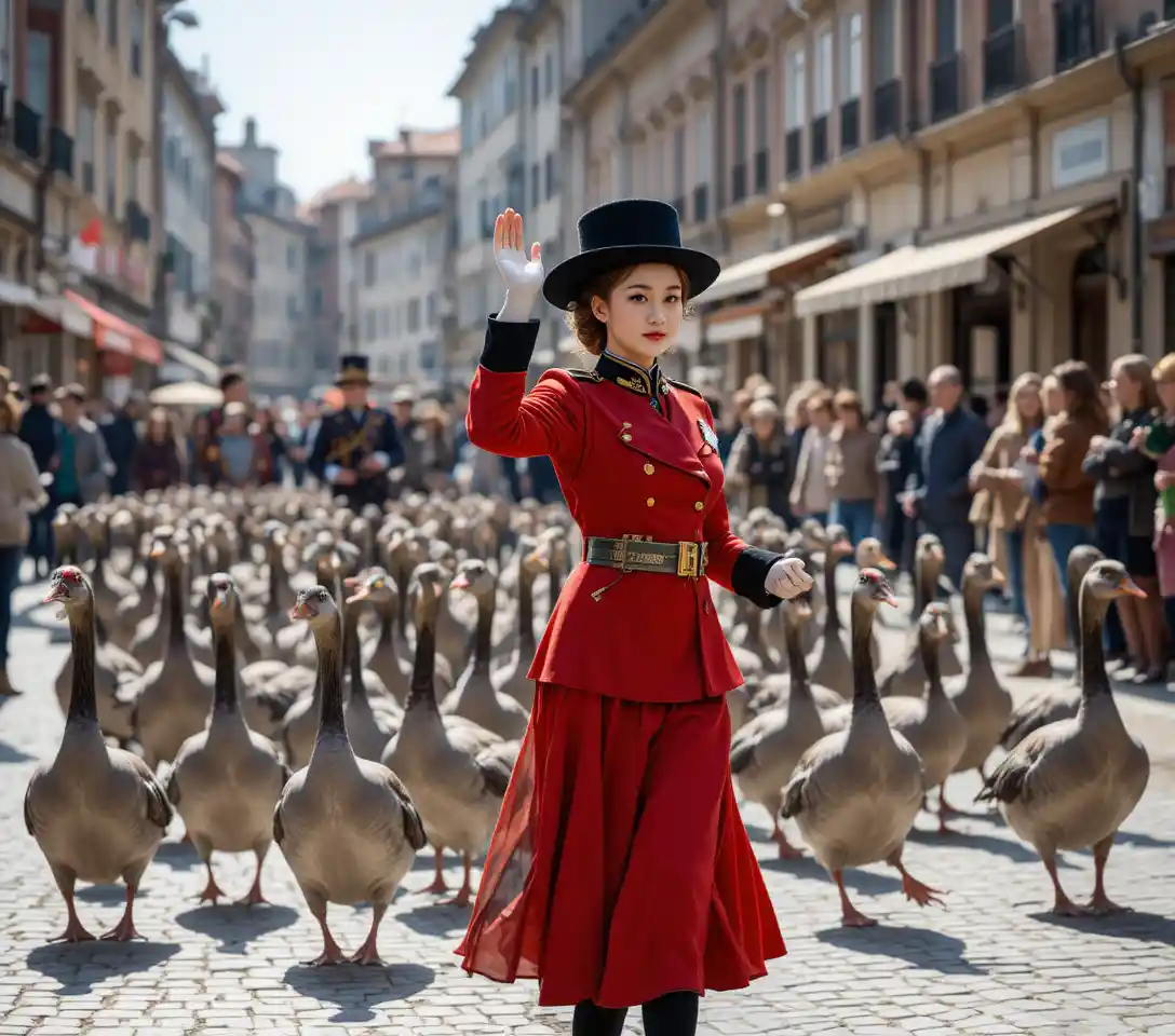 Woman leading geese parade along a sunny city street