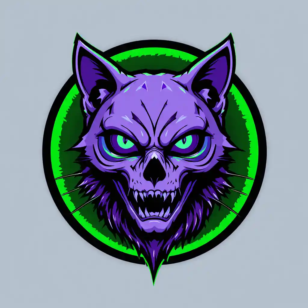 Logo con teschio di gatto viola e ali con alone verde neon