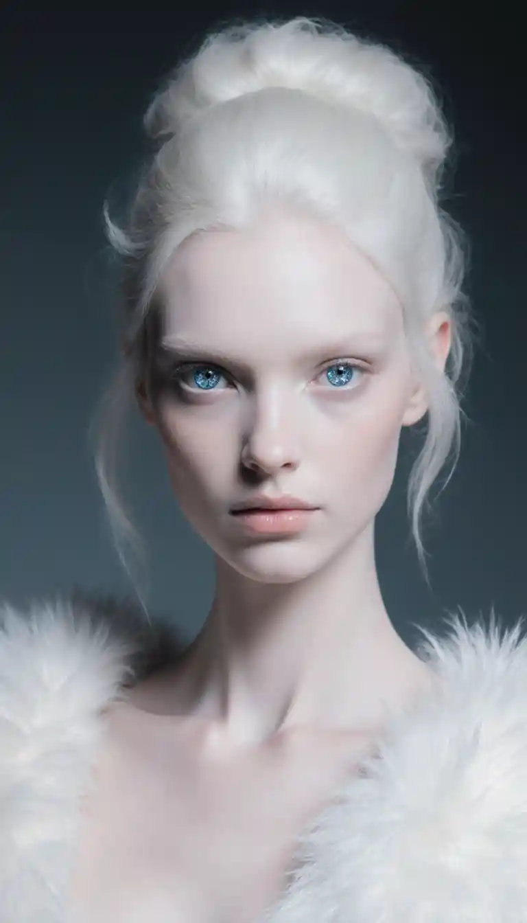 Pale woman with crystal blue eyes and white fur
