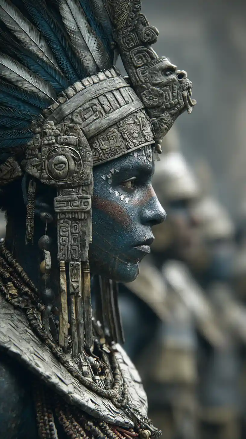 Aztec and Maya warriors gathered before a sacred temple