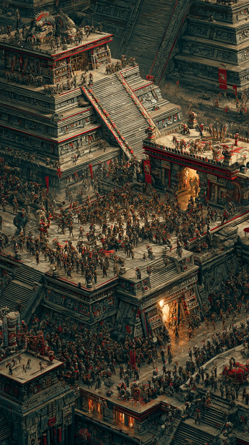 そびえ立つ神殿の前に集う古代メソアメリカの戦士たち