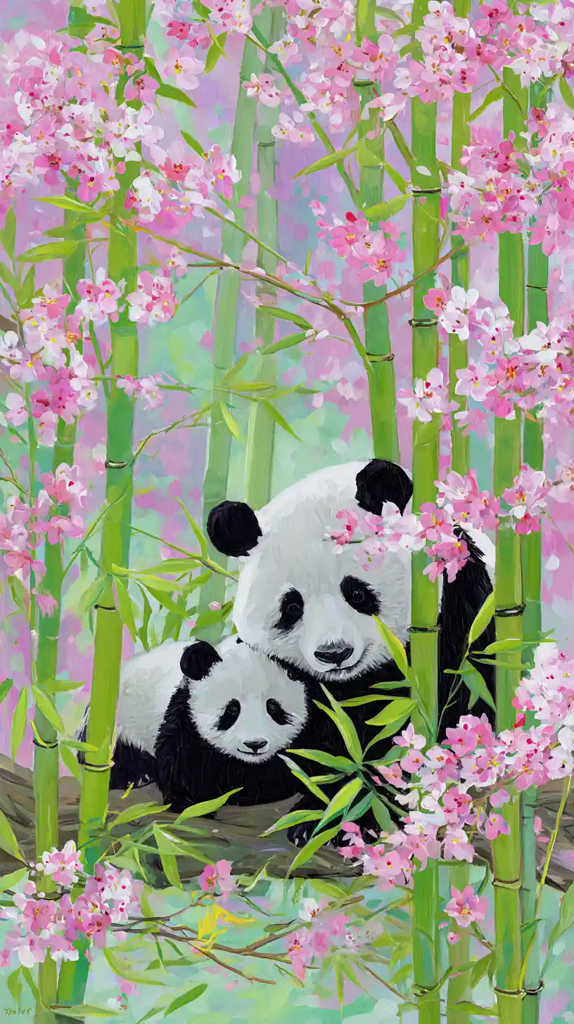 Mother panda and cub in spring cherry blossoms