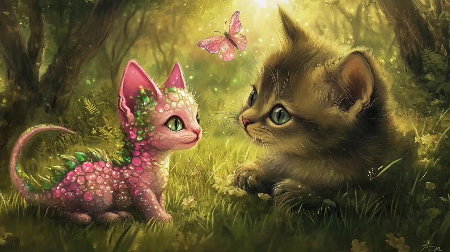 Siamese kitten and baby dragon in a sunny meadow
