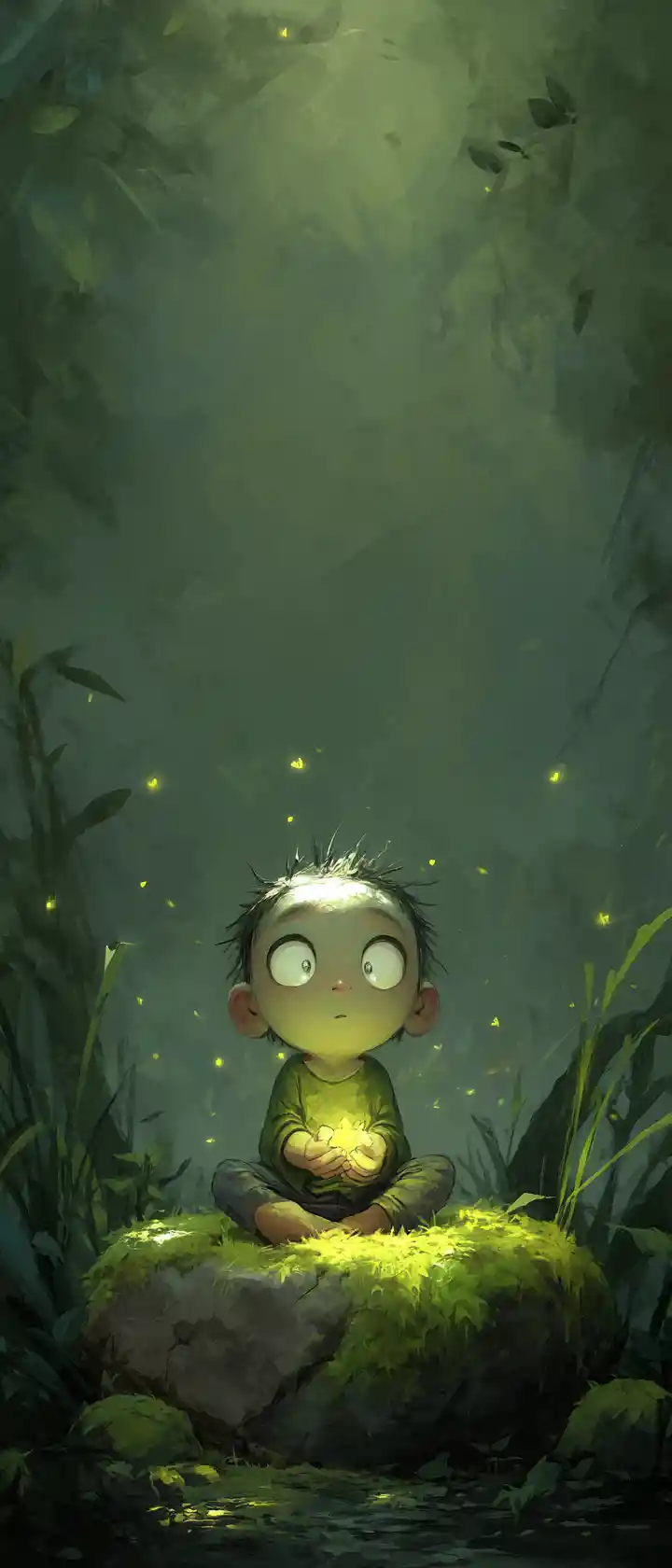Niño sosteniendo una luciérnaga luminosa en un claro tranquilo del bosque