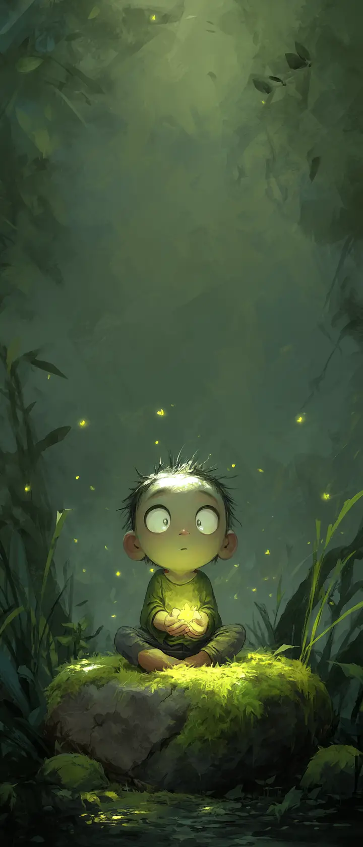 Child holding glowing firefly in tranquil forest clearing