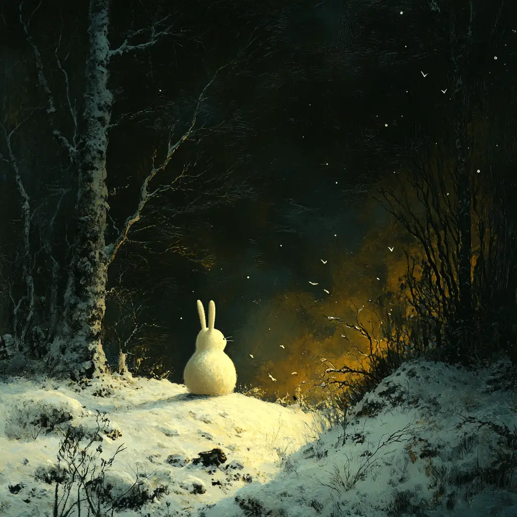 Dadaist minimalist fantasy creature in surreal winter valley
