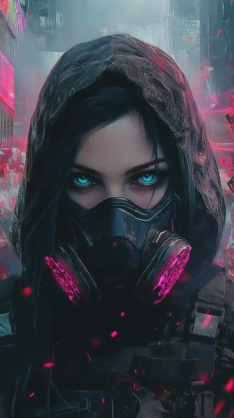 Woman in gas mask overlooking ruined cyberpunk city