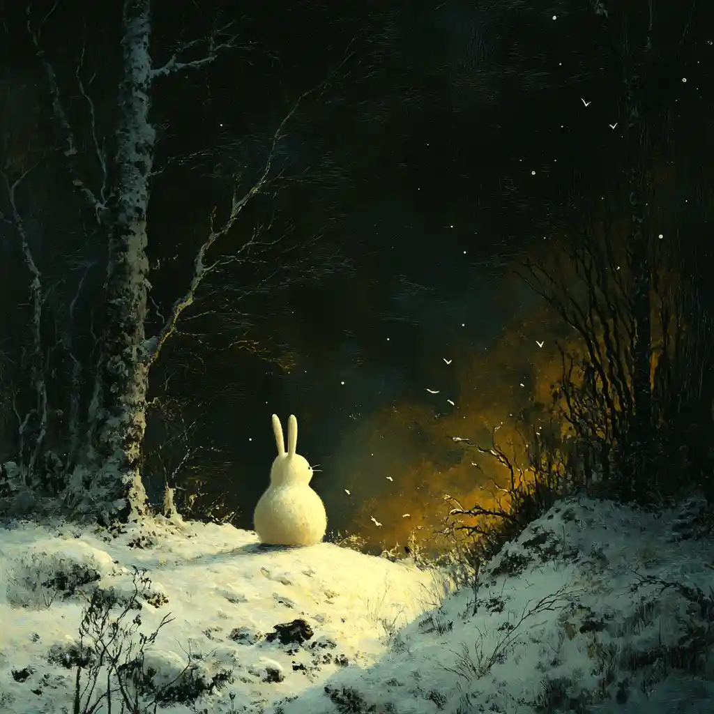 Dadaistisches minimalistisches Fantasiewesen im surrealen Wintertal