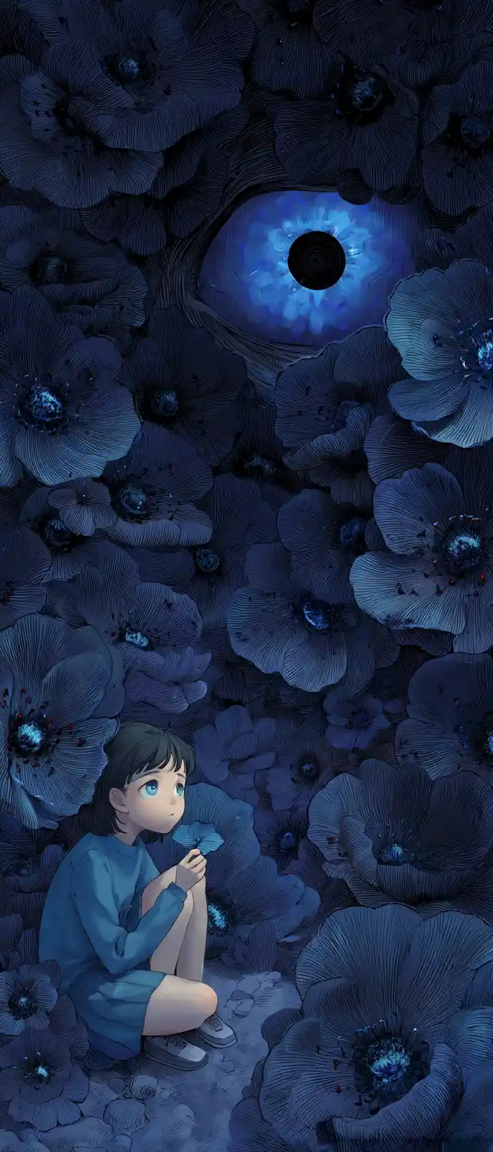 Anime child in a dark garden with a giant floating eye