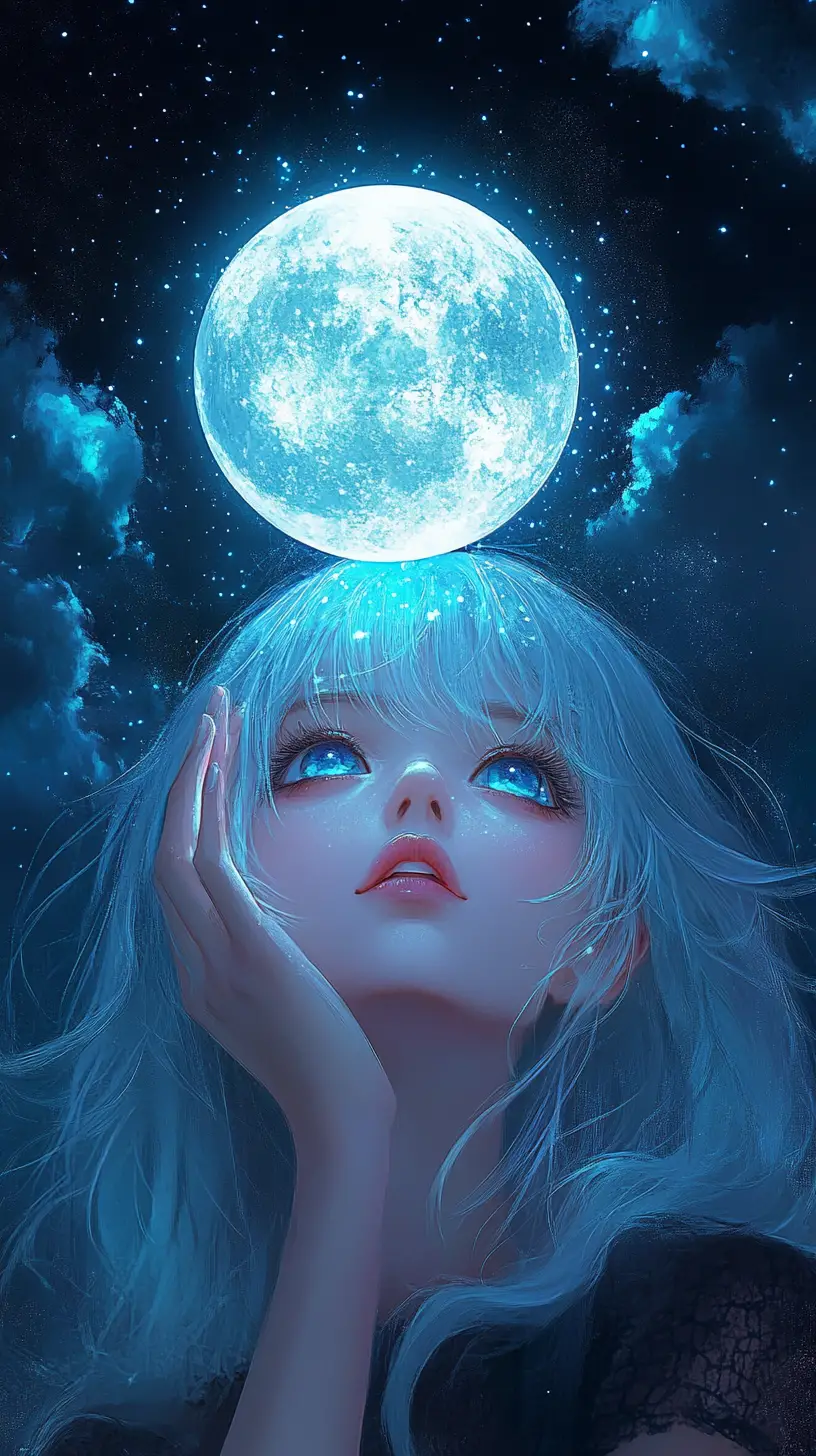 Anime girl holding a glowing moon in cosmic night