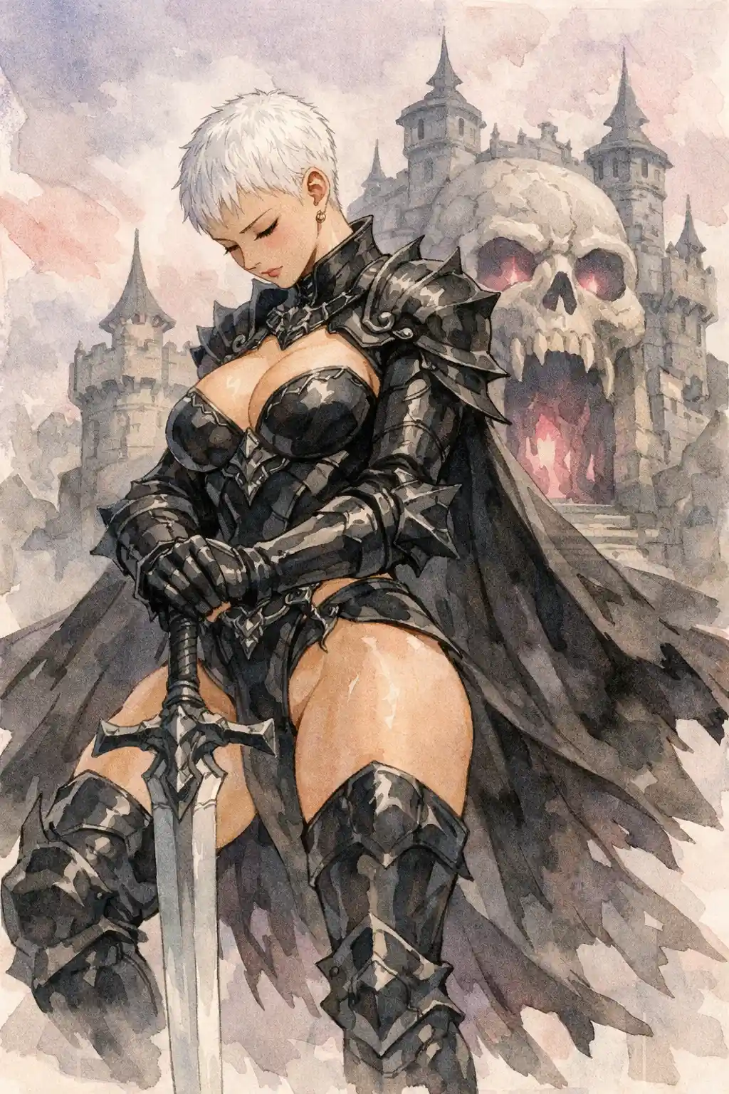 Anime warrior woman before a skull fortress gate
