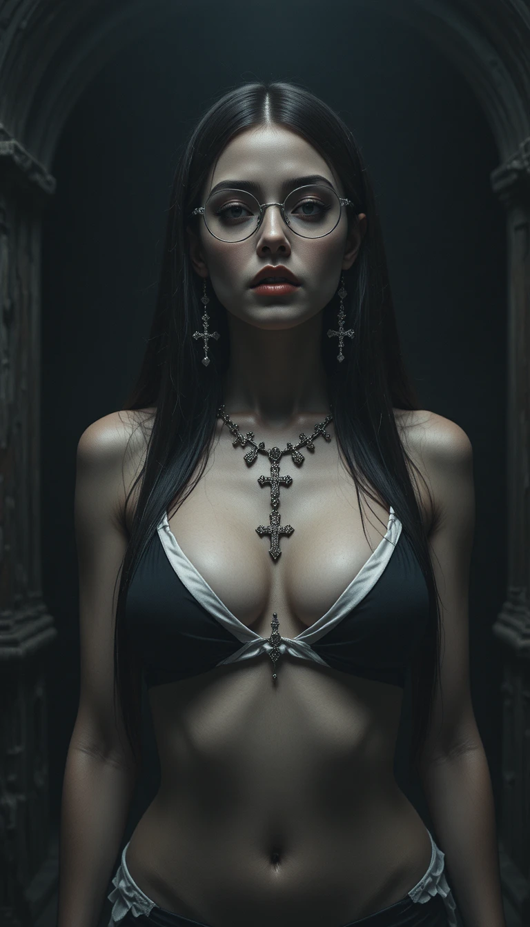 Sad nun in bikini viewed from a dramatic low angle
