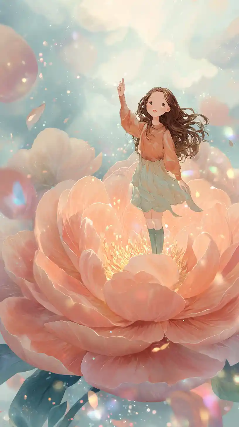 Ragazza gioiosa in piedi su una peonia luminosa in un sogno stellato