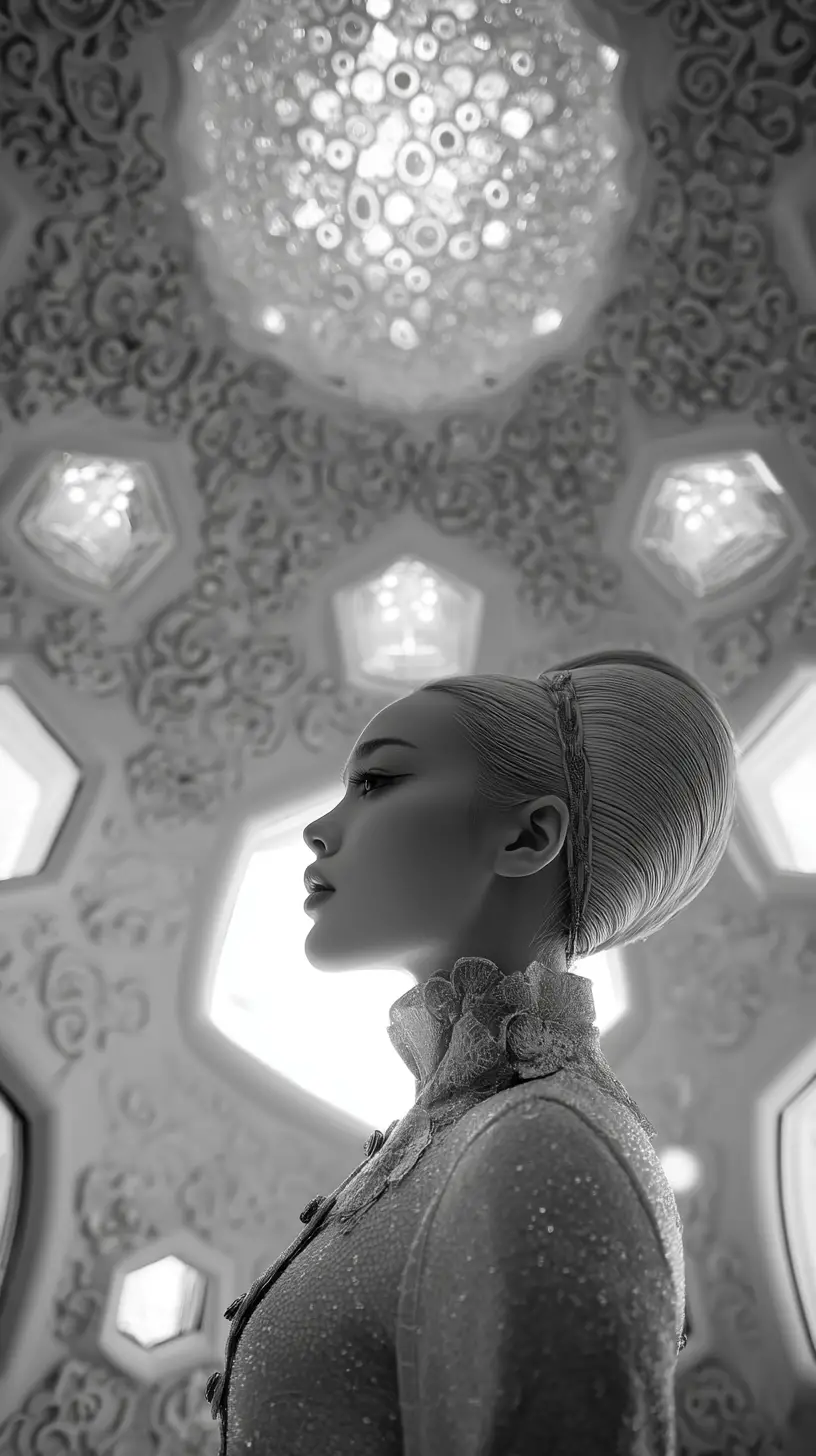 Ethereal woman dressed as a doll in a hexagonal light room