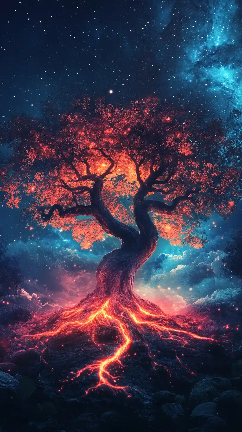 Glowing cosmic tree reaching into a star filled night sky