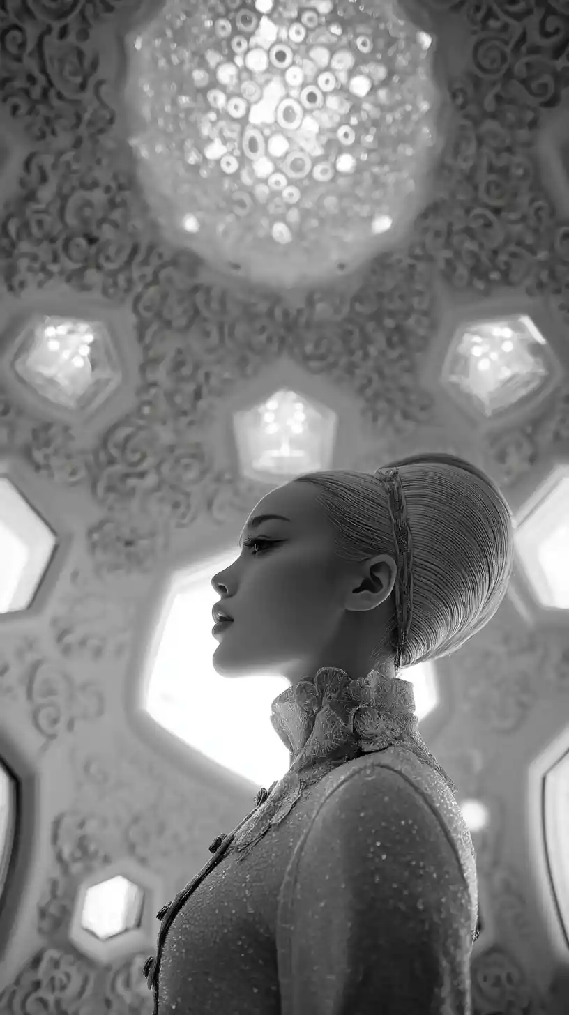Ethereal woman dressed as a doll in a hexagonal light room