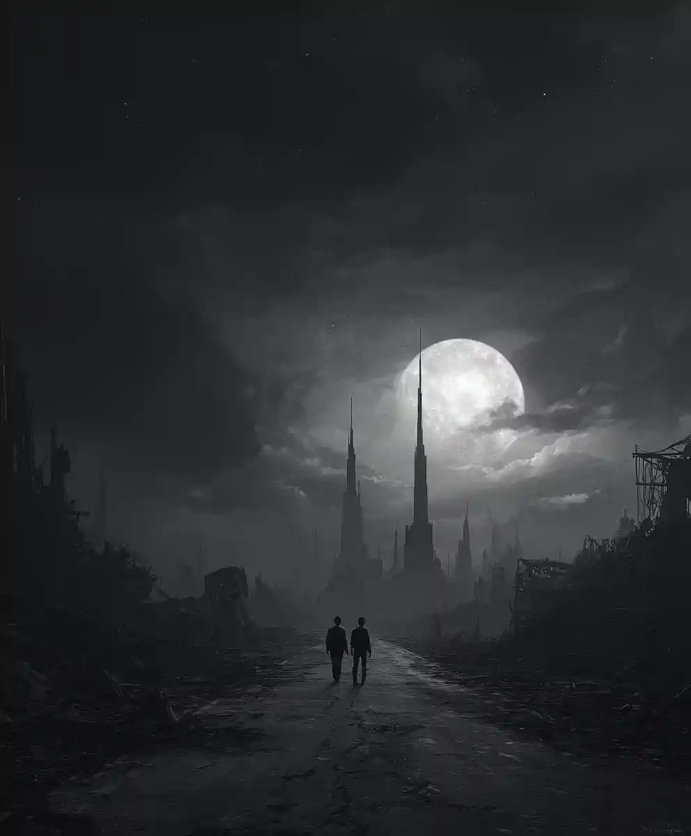 Due figure che camminano lungo una strada desolata sotto la luna