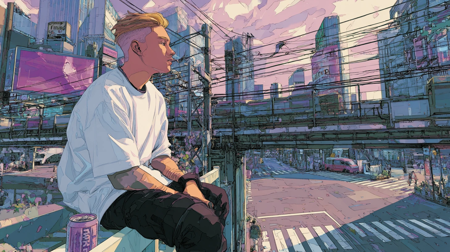 Young man on overpass in contemplative manga city scene