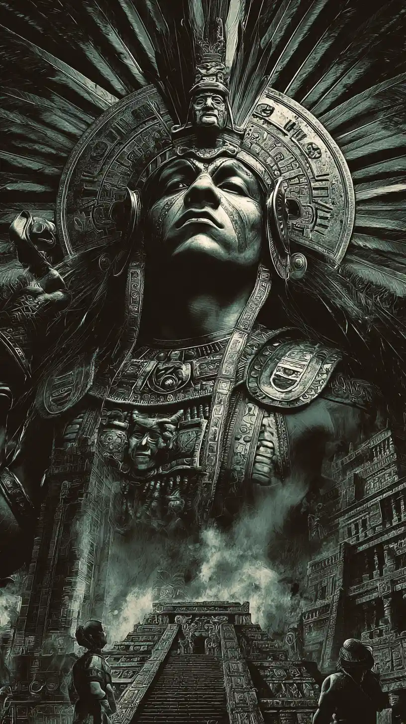 Seres alienígenas inspirados en los aztecas reunidos en un gran templo de piedra
