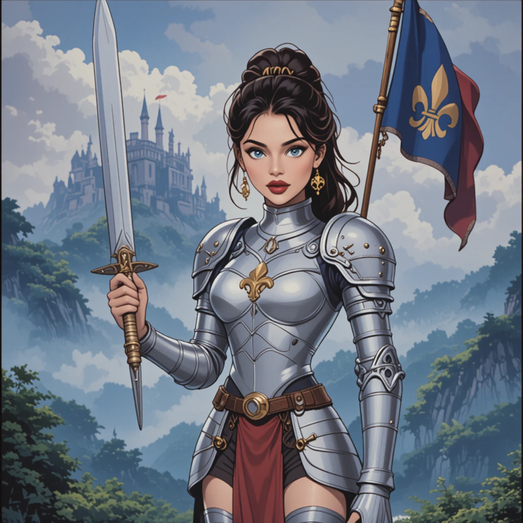Young French heroine in armor with sword and banner