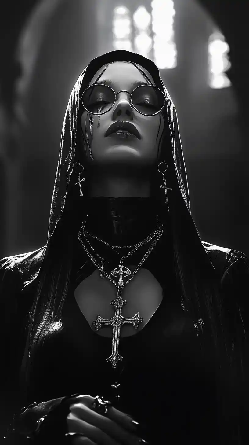 Cinematic nun in armor praying with sword and tears