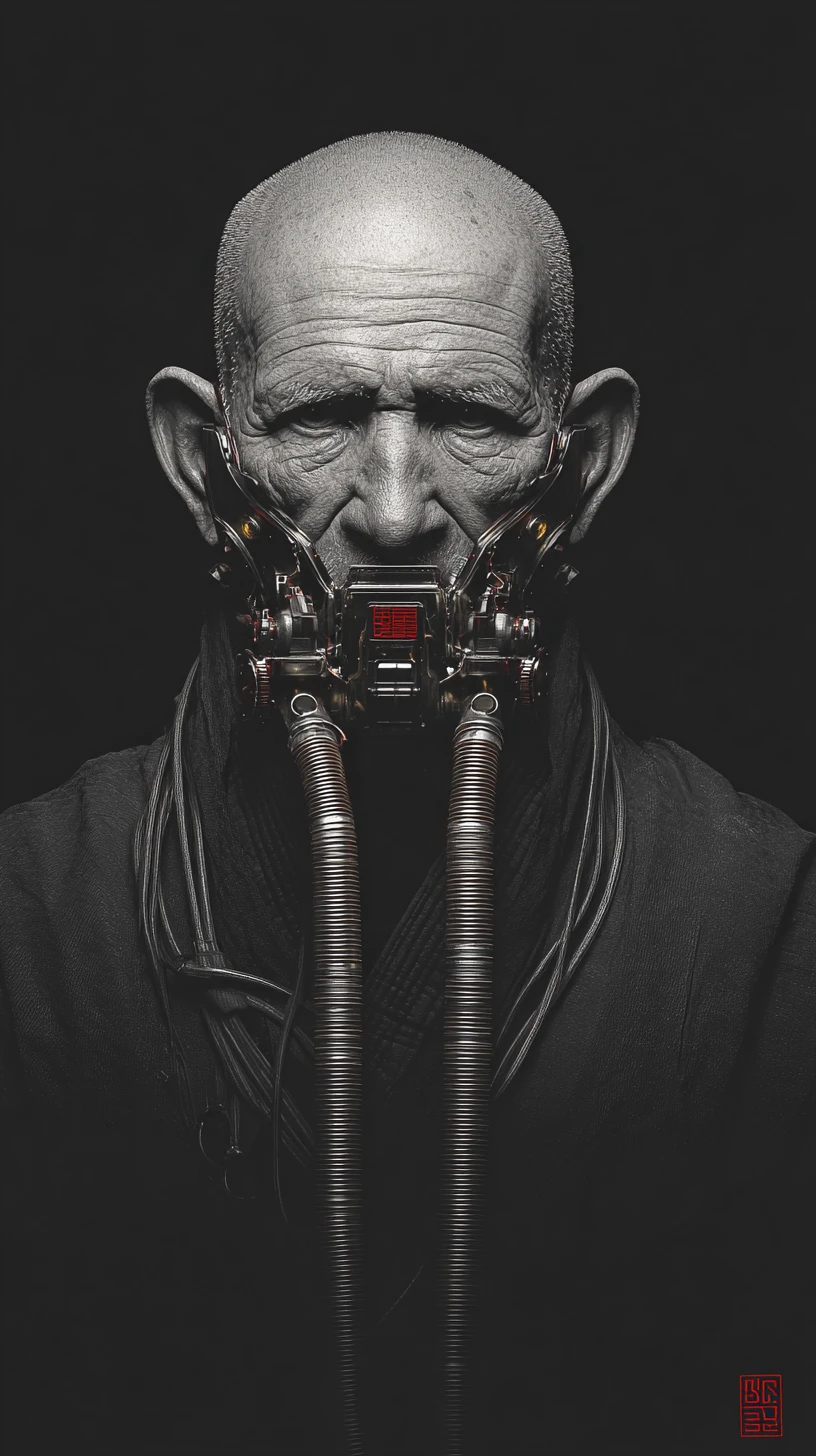 Cyberpunk cyborg commander with mechanical neck and mask