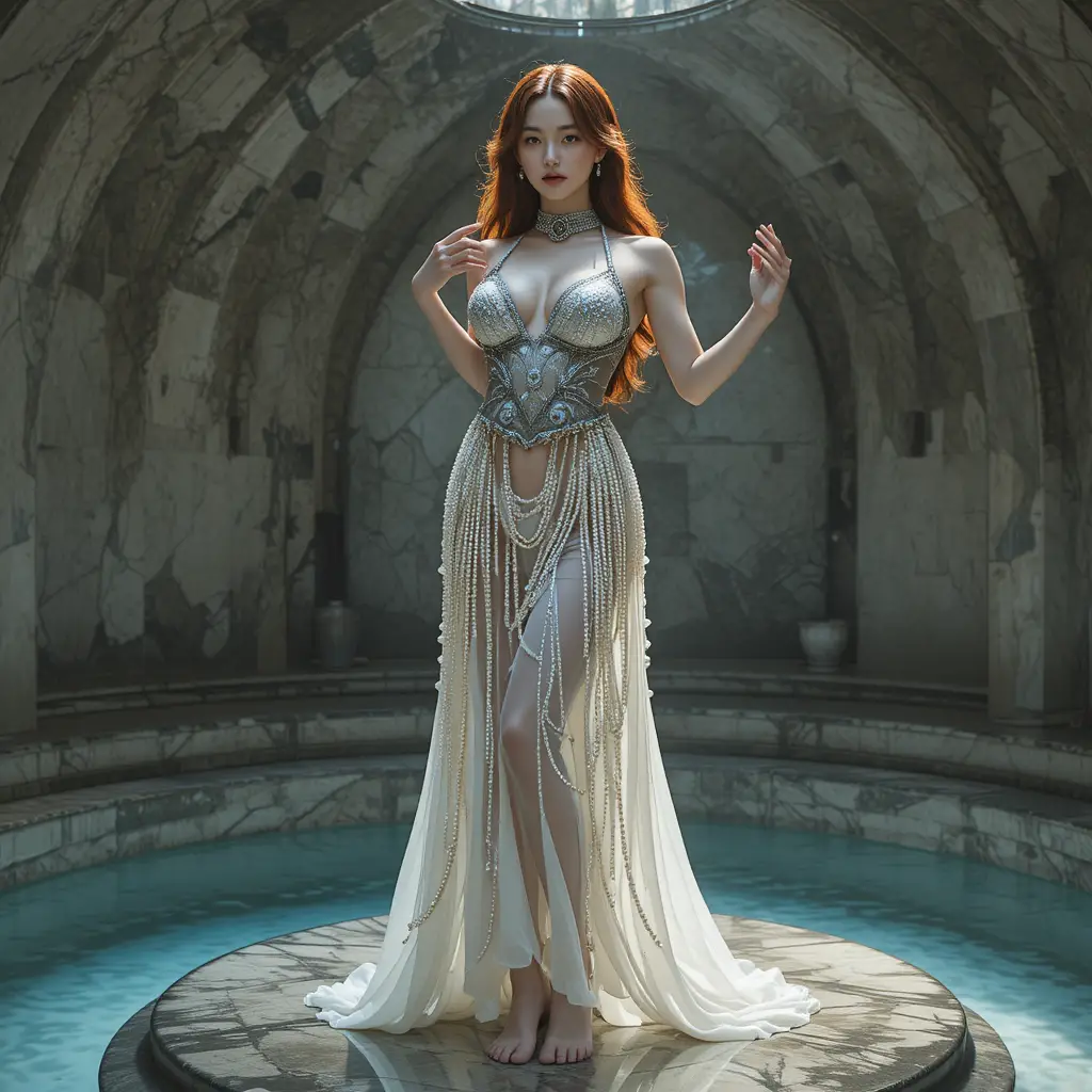 Korean dancer in pearls on a marble bathhouse platform