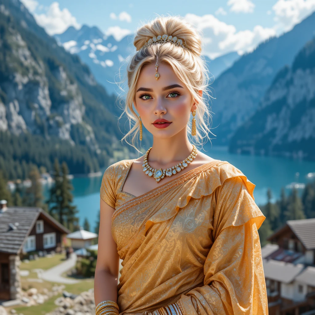 Fröhliche blonde Frau im goldenen Sari an einem Bergsee