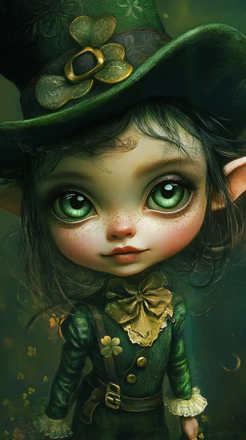 Baby leprechaun with shimmering gradient eyes in fantasy art