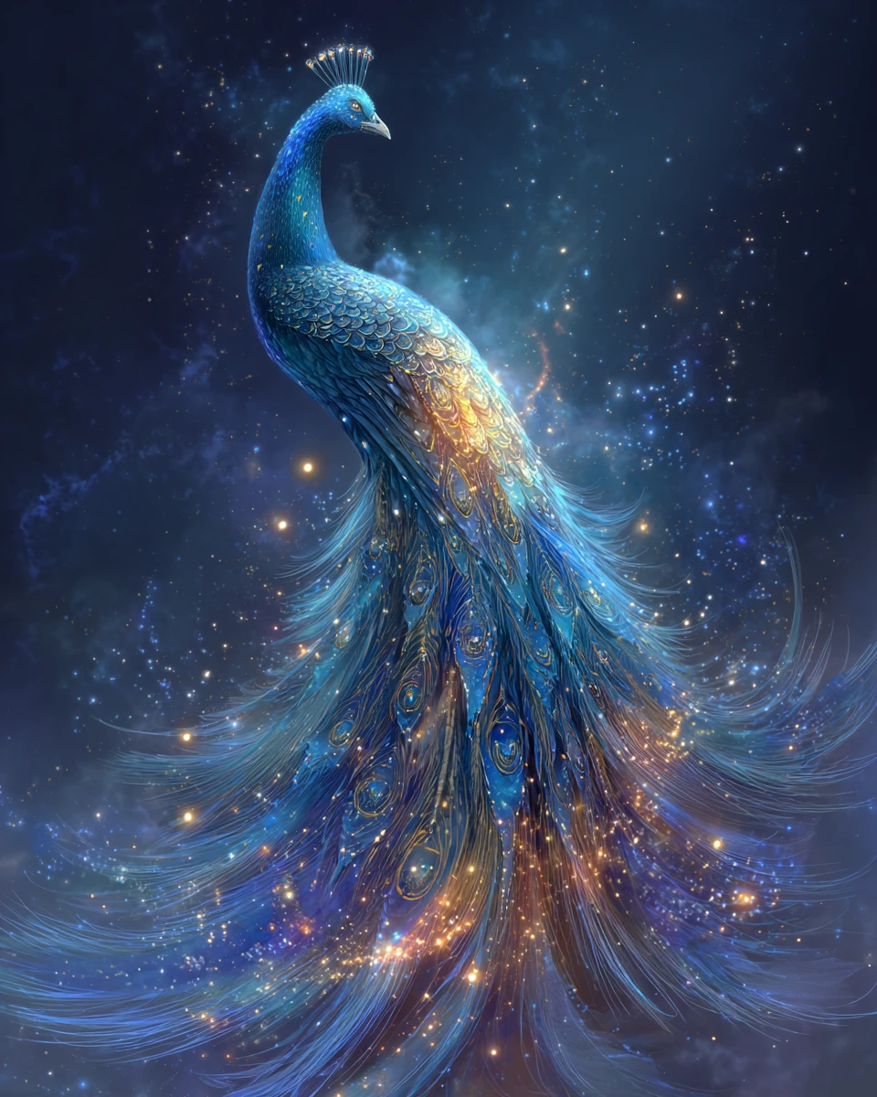 Celestial peacock spirit made of shimmering cosmic starlight