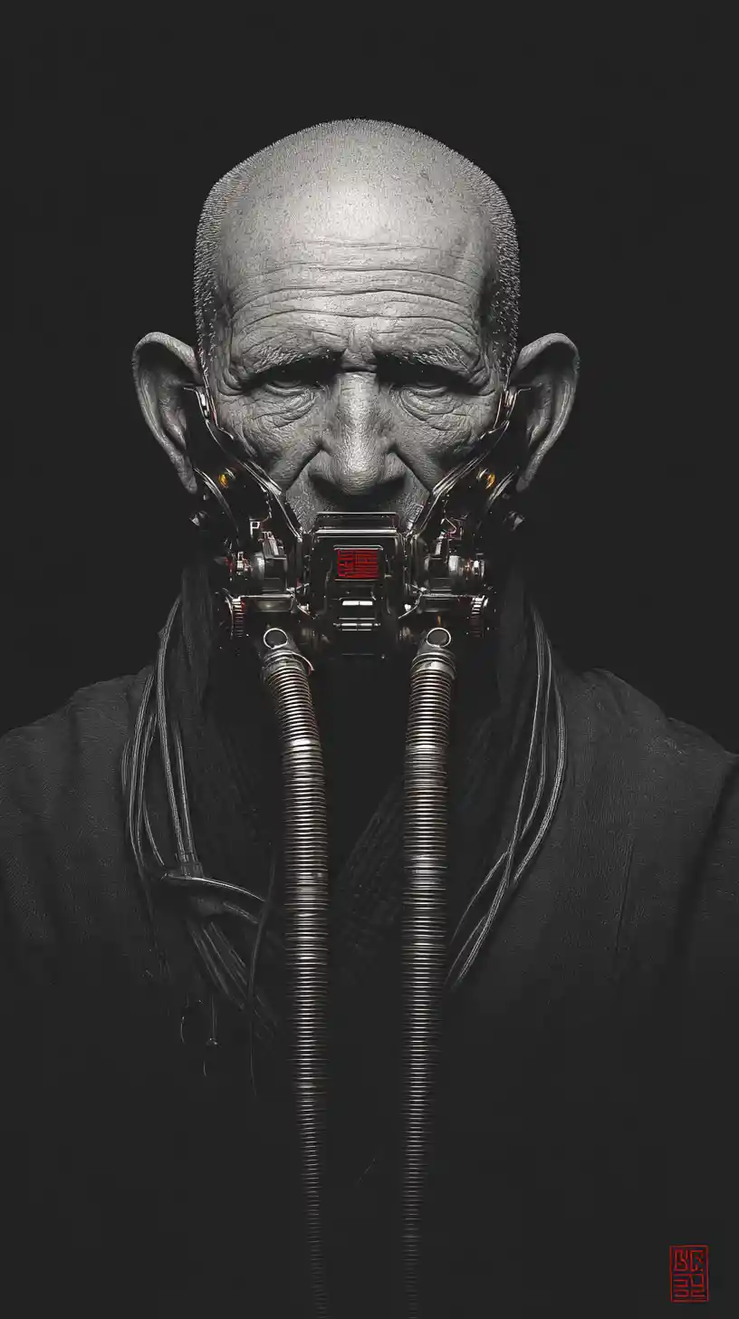 Cyberpunk cyborg commander with mechanical neck and mask