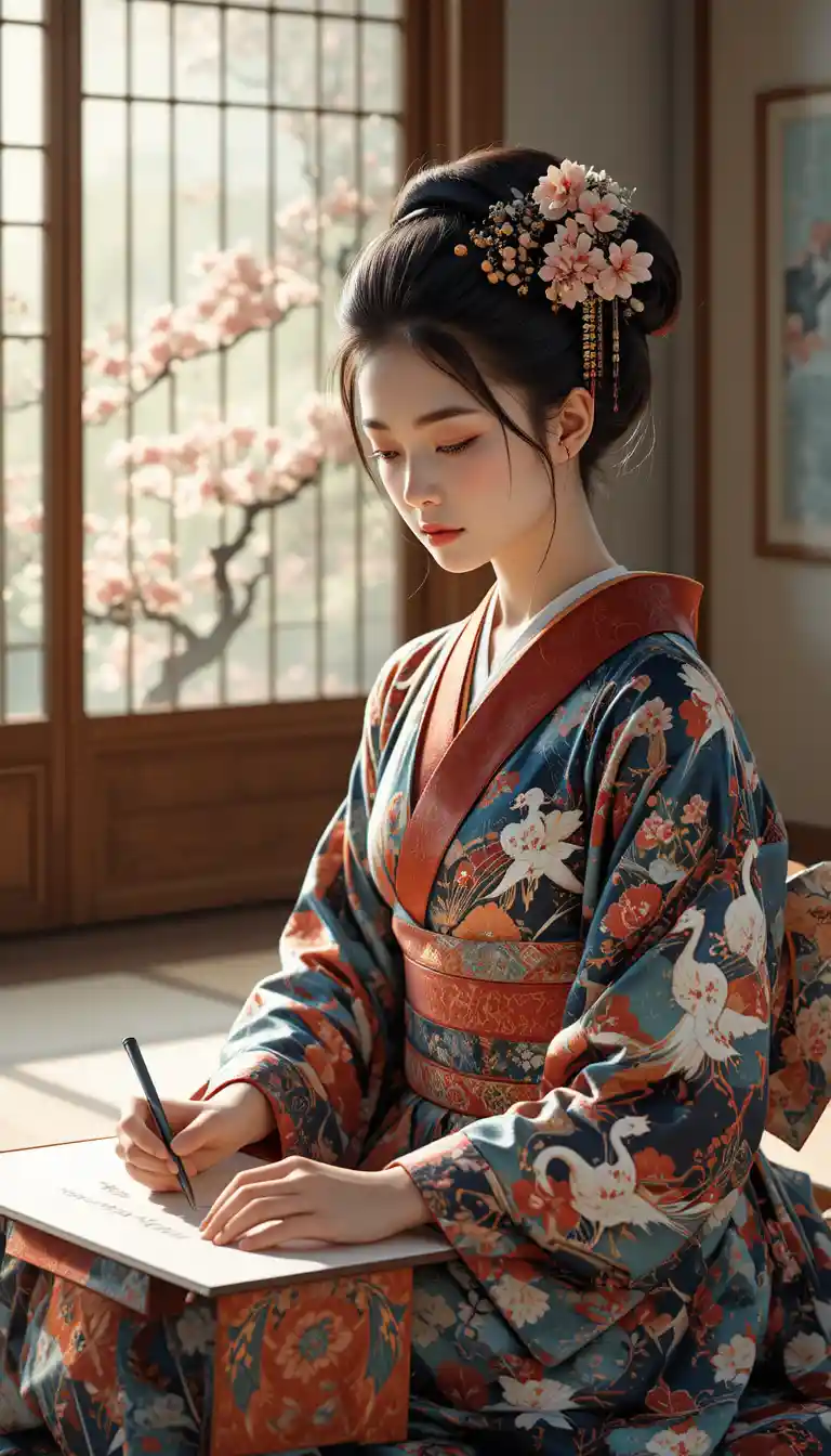 게이샤 기모노를 입은 프랑스 소녀의 고요한 서예 연습