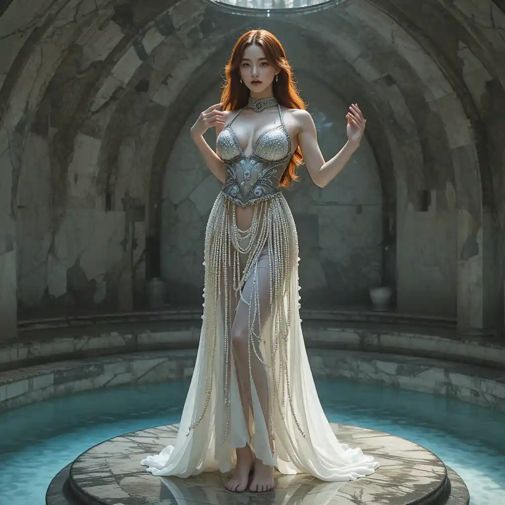 Korean dancer in pearls on a marble bathhouse platform